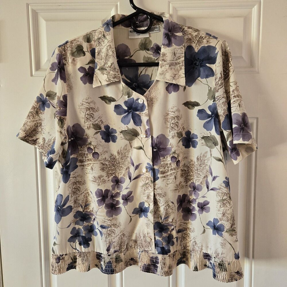Vintage Alfred Dunner Petite 14P Floral Button Up Blouse Shoulder Pads Crinkle